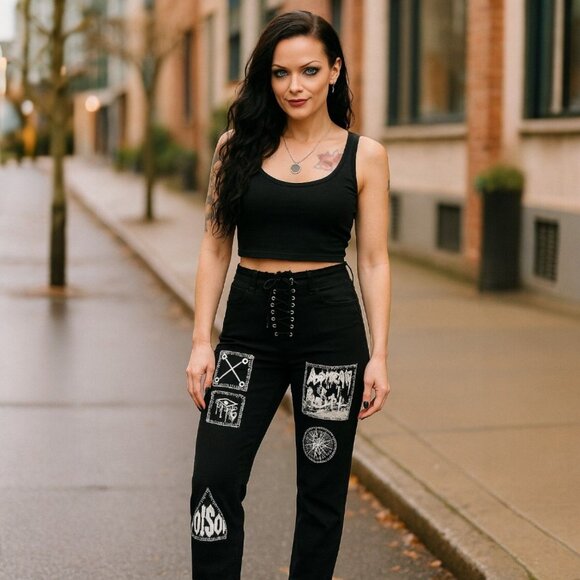 Current Mood Patch Lace-Up Jeans Punk Rocker Statement Pants NWT Size S - Picture 6 of 7